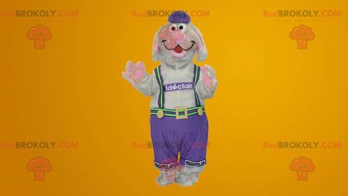 Gray and pink dog REDBROKOLY mascot in overalls , REDBROKO__085