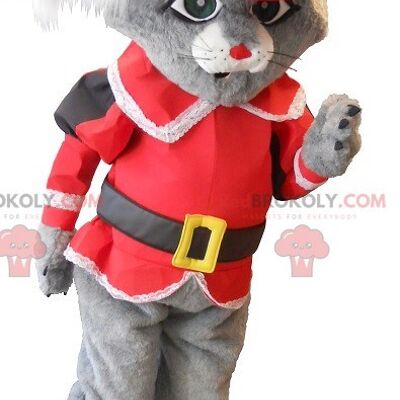 REDBROKOLY mascot cat in boots gray with a red costume , REDBROKO__0128