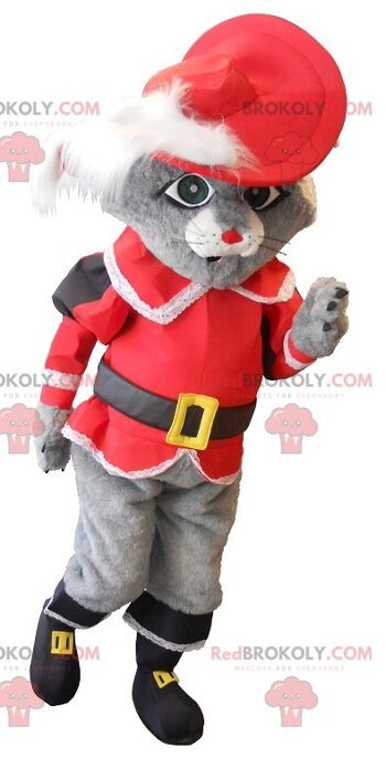 Mascotte de chat REDBROKOLY en bottes grises avec un costume rouge, REDBROKO__0128