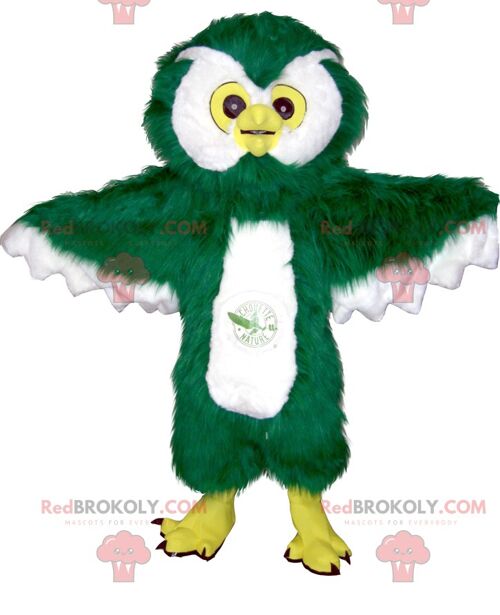 Owl REDBROKOLY mascot green white and yellow all hairy , REDBROKO__0131