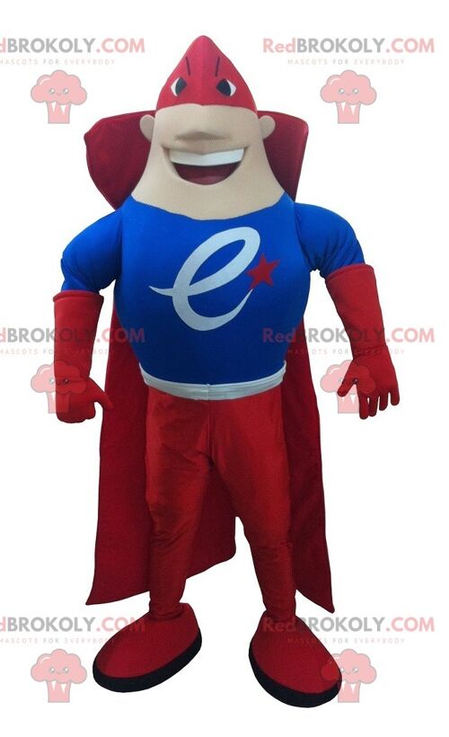 Superhero REDBROKOLY mascot dressed in red and blue , REDBROKO__0161
