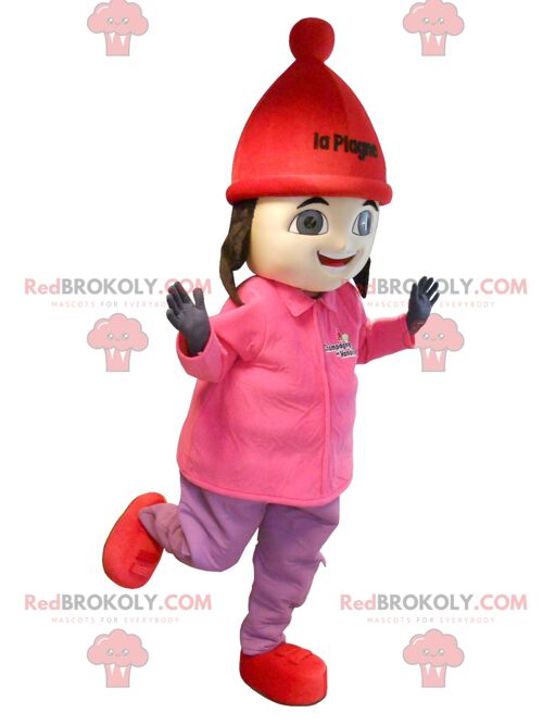 Brown girl REDBROKOLY mascot in ski outfit , REDBROKO__0189