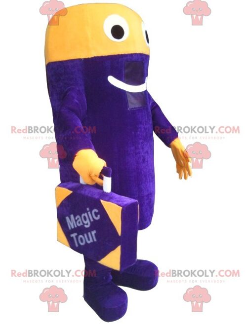 Purple and yellow snowman REDBROKOLY mascot with a suitcase , REDBROKO__0200