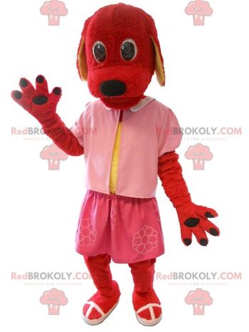 Mascotte de chien rouge REDBROKOLY habillé en rose, REDBROKO__0219