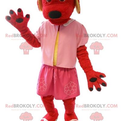 Red dog REDBROKOLY mascot dressed in pink , REDBROKO__0219