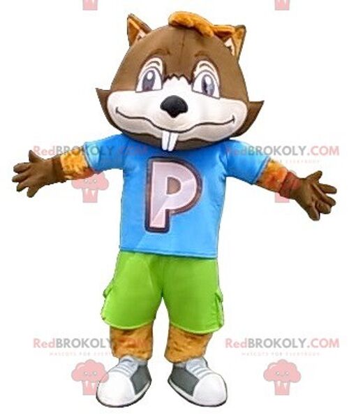 Big brown beaver REDBROKOLY mascot in colorful outfit , REDBROKO__0222