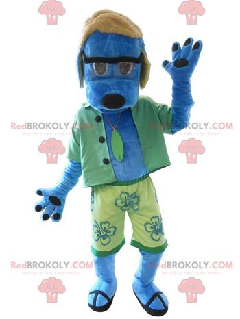 Mascotte de chien bleu REDBROKOLY habillé en vert, REDBROKO__0255