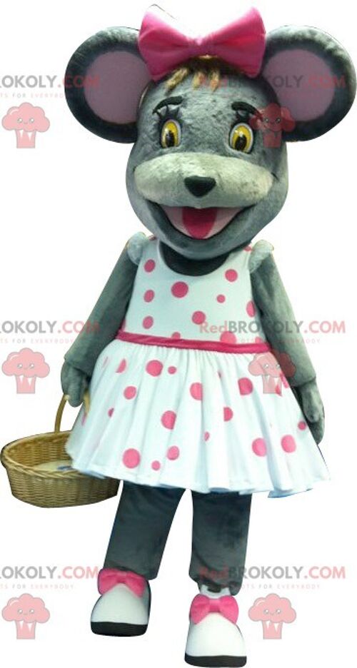 Gray mouse REDBROKOLY mascot with a polka dot dress , REDBROKO__0259