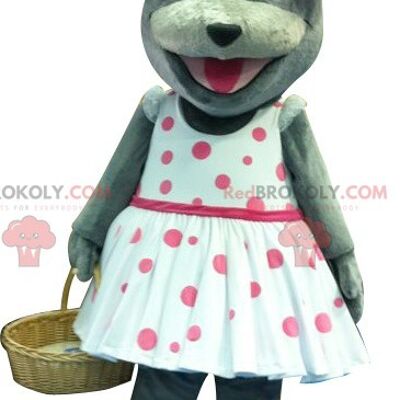 Gray mouse REDBROKOLY mascot with a polka dot dress , REDBROKO__0259