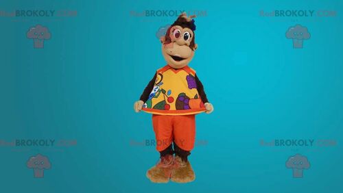 Brown monkey REDBROKOLY mascot dressed in orange outfit , REDBROKO__0277