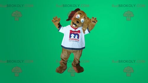 Brown dog REDBROKOLY mascot in white t-shirt , REDBROKO__0278