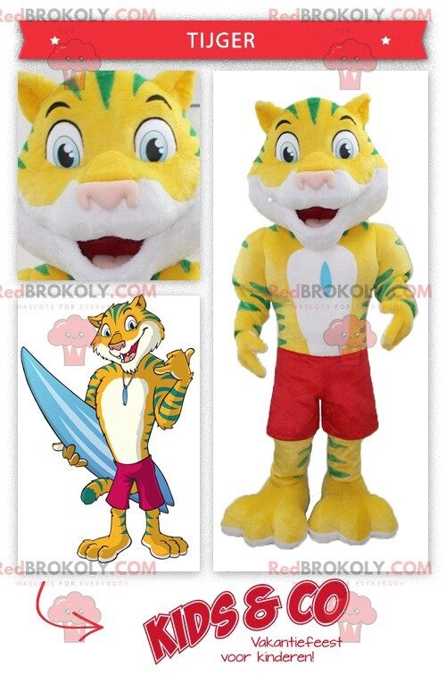 Yellow and green tiger REDBROKOLY mascot with swimming shorts , REDBROKO__0300