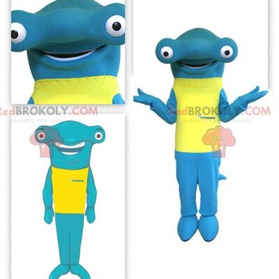 Hammerhead shark REDBROKOLY mascot with a yellow t-shirt , REDBROKO__0301