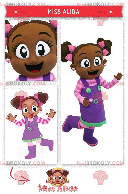 African girl REDBROKOLY mascot in pink and purple outfit , REDBROKO__0315