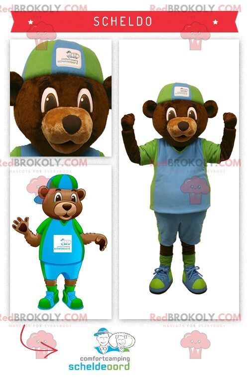 Brown bear REDBROKOLY mascot in green and blue outfit , REDBROKO__0333