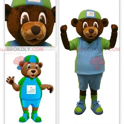 Brown bear REDBROKOLY mascot in green and blue outfit , REDBROKO__0333