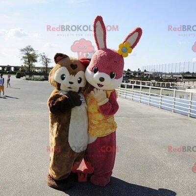 Pink rabbit REDBROKOLY mascot and brown guinea pig , REDBROKO__0340