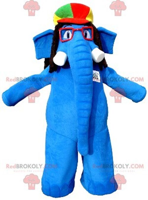 Blue elephant REDBROKOLY mascot with glasses and a colorful hat , REDBROKO__0359