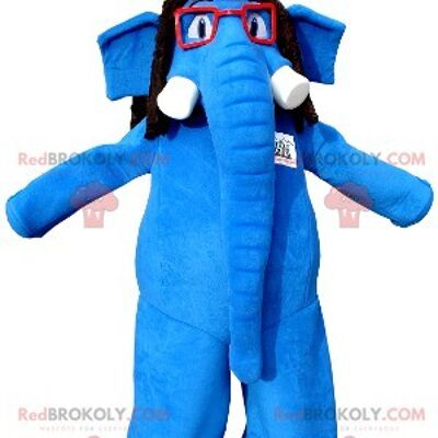 Elefante blu mascotte REDBROKOLY con occhiali e cappello colorato, REDBROKO__0359