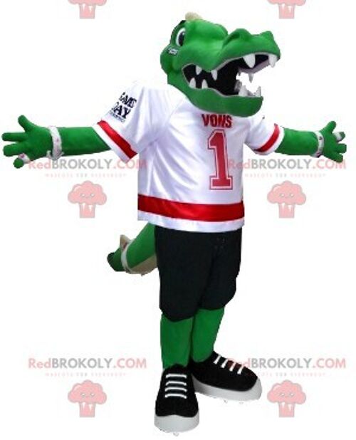 Green crocodile REDBROKOLY mascot in American football gear , REDBROKO__0364