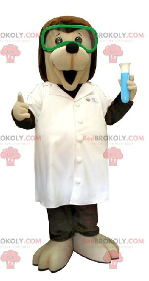 Brown and beige scientific dog REDBROKOLY mascot in a lab coat , REDBROKO__0376