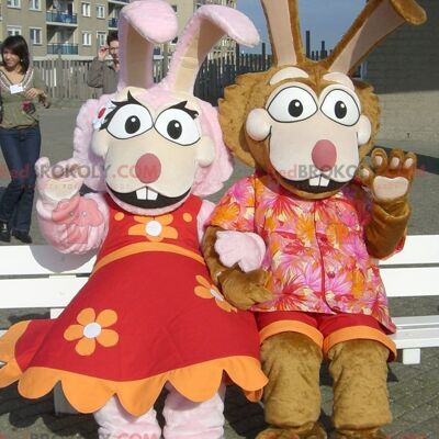 Pink and brown rabbit couple REDBROKOLY mascots , REDBROKO__0381