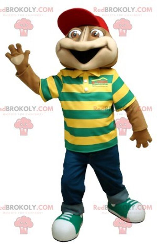 Brown frog REDBROKOLY mascot with a striped polo shirt , REDBROKO__0383