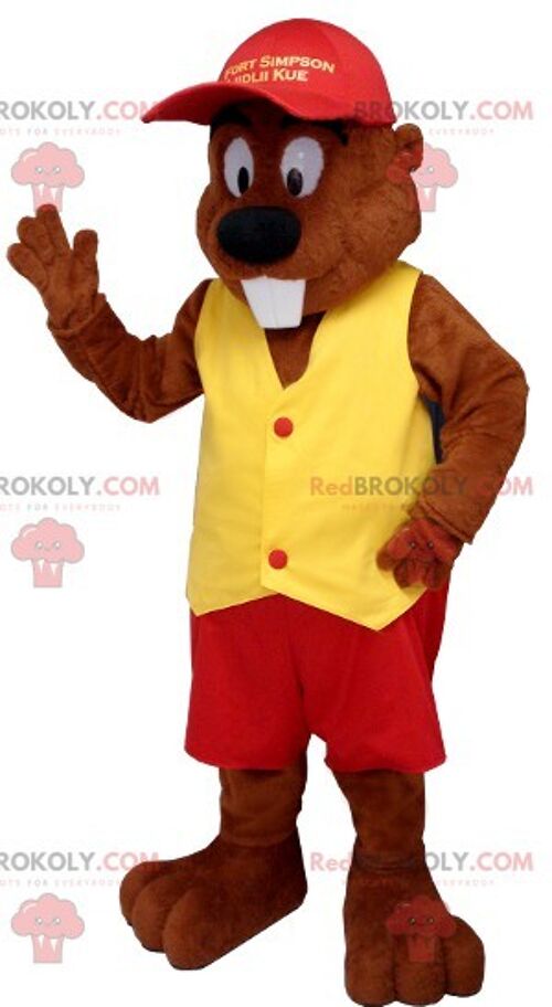 Beaver REDBROKOLY mascot dressed in red and yellow , REDBROKO__0400