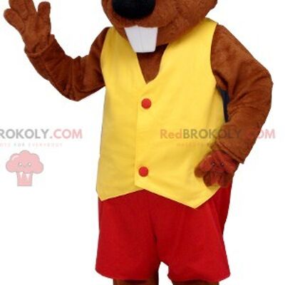 Beaver REDBROKOLY mascotte vestita di rosso e giallo, REDBROKO__0400