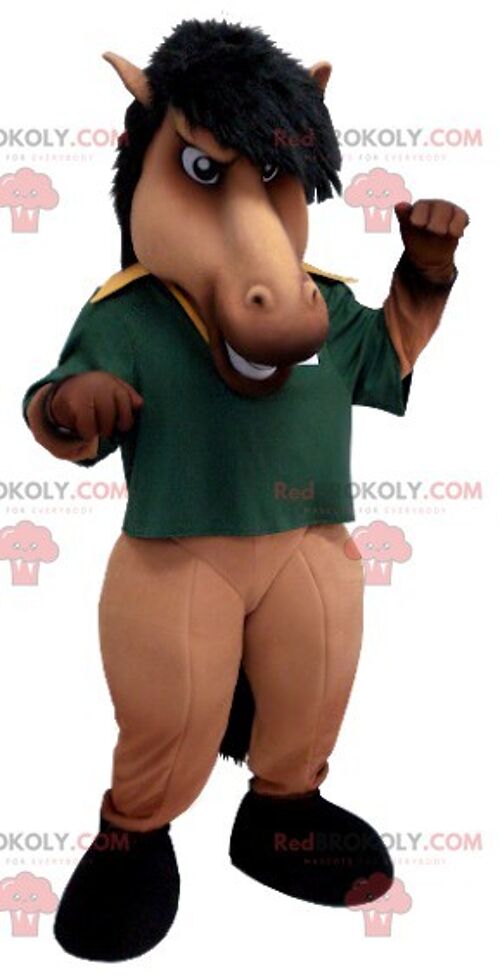 Brown and black horse REDBROKOLY mascot with a green polo shirt , REDBROKO__0417