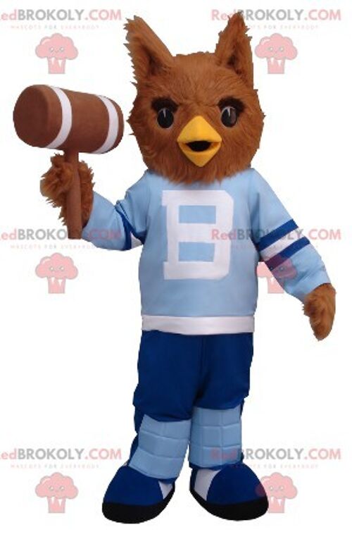 Brown owl REDBROKOLY mascot in blue outfit , REDBROKO__0419