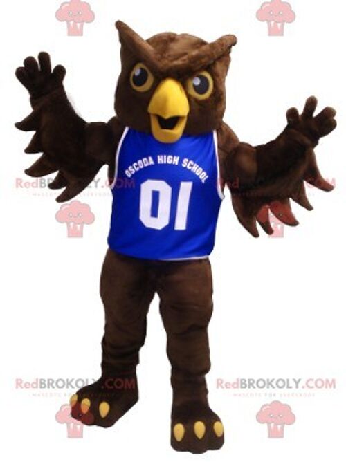 Brown owl REDBROKOLY mascot with a blue jersey , REDBROKO__0425