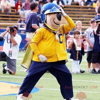 Brown bear REDBROKOLY mascot in yellow and blue outfit , REDBROKO__0451