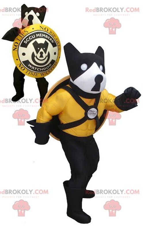 Black yellow and white dog REDBROKOLY mascot with a shield , REDBROKO__0455