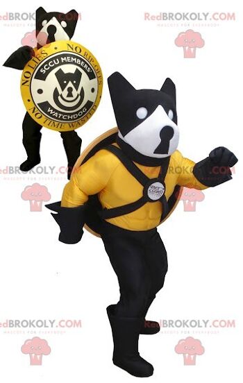 Mascotte de chien noir jaune et blanc REDBROKOLY avec un bouclier, REDBROKO__0455