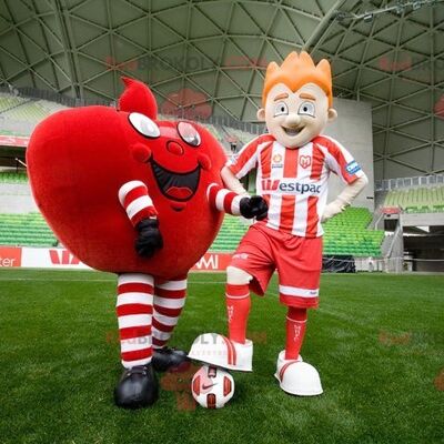 2 REDBROKOLY mascots a giant red heart and a footballer , REDBROKO__0464