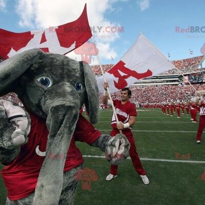 Gray elephant REDBROKOLY mascot with a red t-shirt , REDBROKO__0478