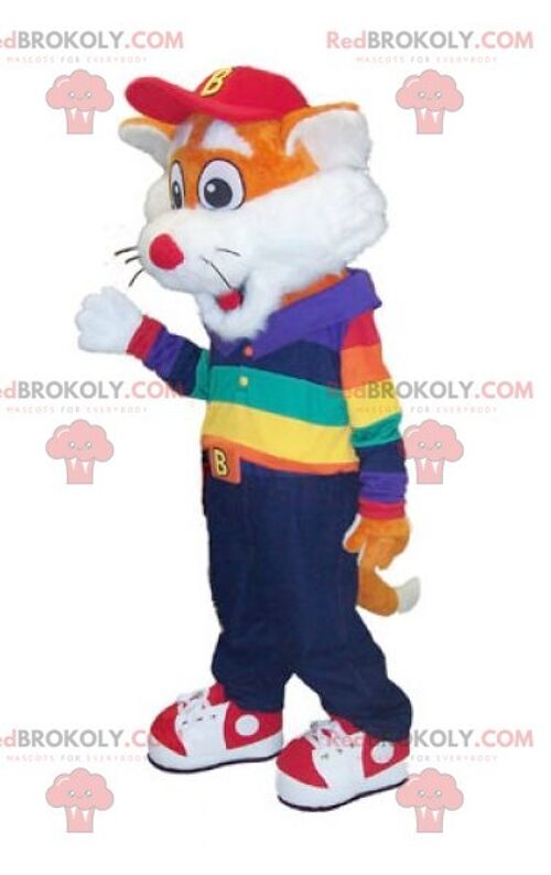 REDBROKOLY mascot little orange and white fox in colorful outfit , REDBROKO__0495