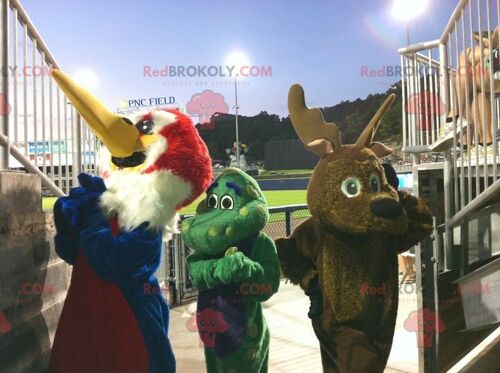 3 REDBROKOLY mascots a bird, a brown reindeer and a green dragon , REDBROKO__0524