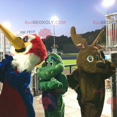 3 mascotas REDBROKOLY un pájaro, un reno marrón y un dragón verde, REDBROKO__0524