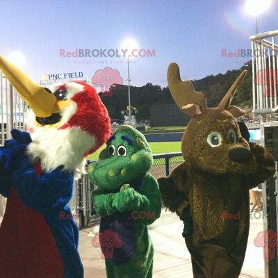 3 REDBROKOLY mascots a bird, a brown reindeer and a green dragon , REDBROKO__0524