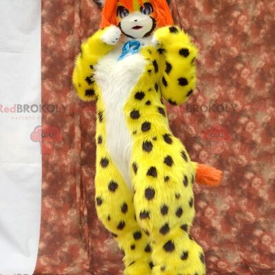 Spotted yellow cat REDBROKOLY mascot with orange hair , REDBROKO__0525