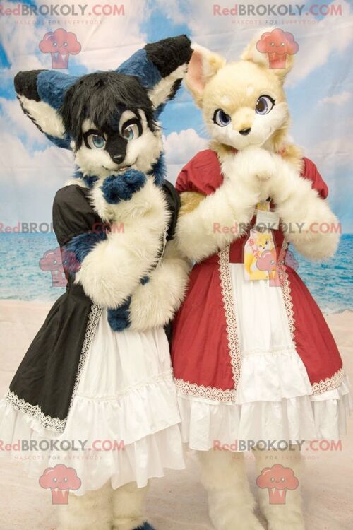 2 furry cats REDBROKOLY mascots in dress , REDBROKO__0527