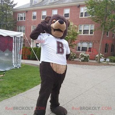 Brown bear REDBROKOLY mascot with a white t-shirt , REDBROKO__0526