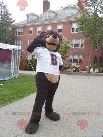 Mascotte d'ours brun REDBROKOLY avec un t-shirt blanc, REDBROKO__0526