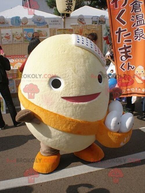 Giant egg REDBROKOLY mascot with a pouch filled with eggs , REDBROKO__0531