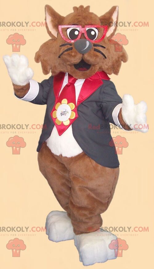 Brown cat REDBROKOLY mascot with glasses and a tie suit , REDBROKO__0598