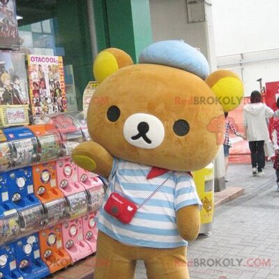 REDBROKOLY mascot little brown bear dressed in a striped sweater , REDBROKO__0624