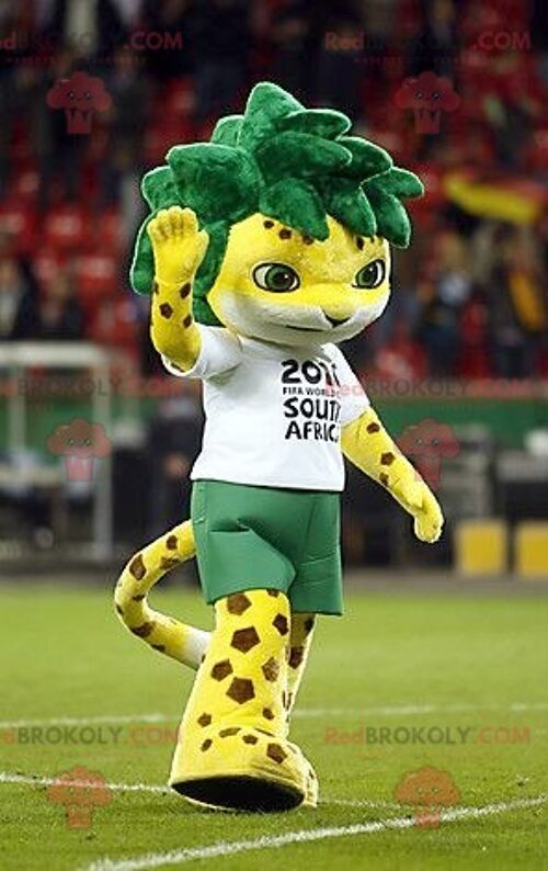 Spotted yellow tiger REDBROKOLY mascot with green hair , REDBROKO__0628