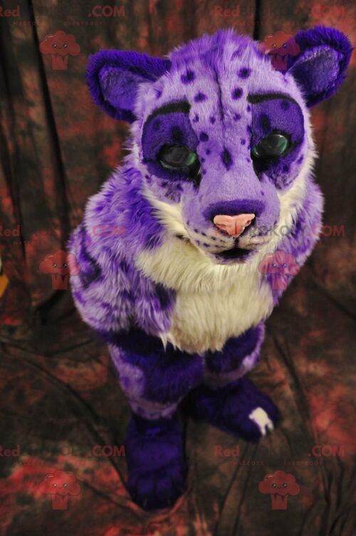 Purple and white cheetah feline tiger REDBROKOLY mascot , REDBROKO__0630